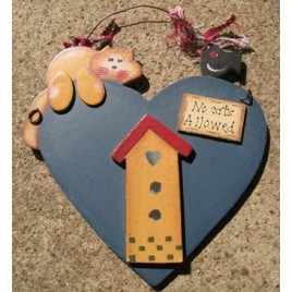 Wood Cat Sign 288 - No Cats Allowed Heart Hangs by Wire Wood Cat Sign 288 - No Cats Allowed Heart Hangs by Wire