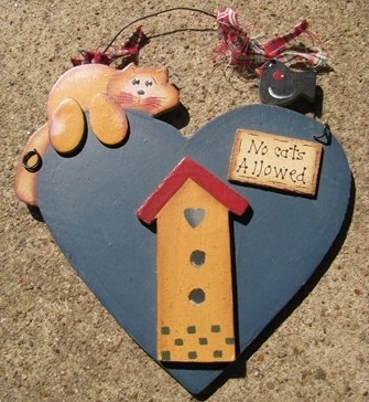 Wood Cat Sign 288 - No Cats Allowed Heart Hangs by Wire Wood Cat Sign 288 - No Cats Allowed Heart Hangs by Wire