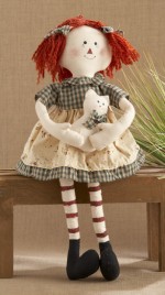 40824-sitting raggedy girl green checkered dress with cat 
