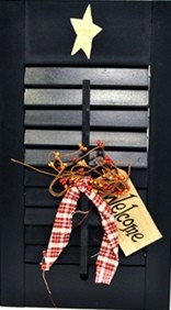 45316L - Wood Shutter Blue with welcome tag, berries and gingham ribbon  45316L - Wood Shutter Blue with welcome tag, berries and gingham ribbon