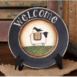 8W1559 Welcome Sheep round wood plate 8W1559 Welcome Sheep round wood plate