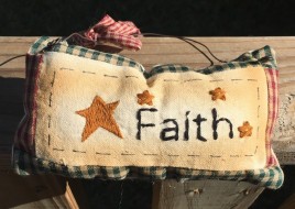 99280f Faith Primitive Mini Pillow with gingham ribbon Hangs by wire
