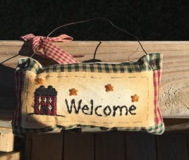 99280W Welcome Primitive Mini Pillow with gingham ribbon Hangs by wire