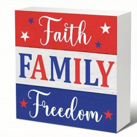 UJ873272 Independence Day July 4Th Faith Family Freedom Red Blue Stars wood block