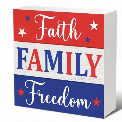 UJ873272 Independence Day July 4Th Faith Family Freedom Red Blue Stars wood block
