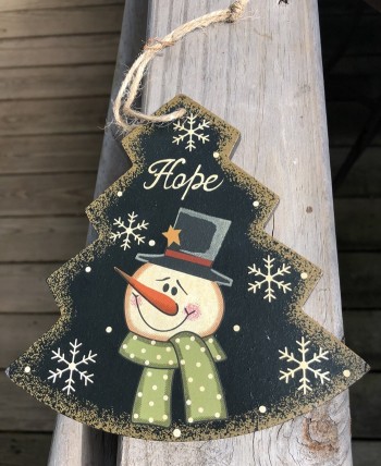 Primitive Wood 206-74705NBHope Tree Snowman Christmas Ornament 