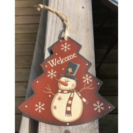 Primitive Wood 206-74705NB   Welcome Tree Snowman Christmas Ornament 
