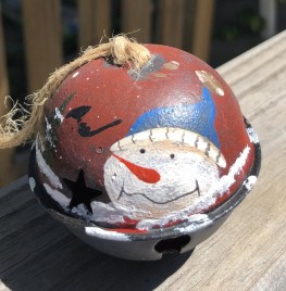    66280 - Snowman Red metal Bell Ornament with Blue Hat 