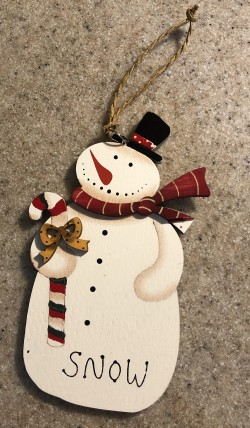 Snowman wood Ornament BR1 with top hat red scarf and candy cane Snowman wood Ornament BR1 with top hat red scarf and candy cane