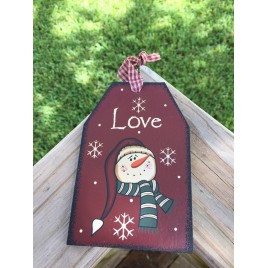  Primitive Wood Gift Tag  206-69483 Love Burgundy Snowman Tag Ornament 