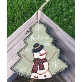 Primitive Christmas Tree Wood WL022 Believe Tree Snowman Ornament 