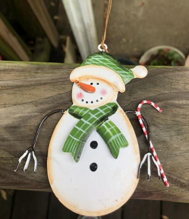 OR-513 Green Scarf Metal Snowman 