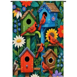 7QM305G069 Whimsical Birdhouses & Red Cardinals Design, Double-Sided Linen Garden