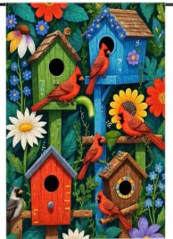 7QM305G069 Whimsical Birdhouses & Red Cardinals Design, Double-Sided Linen Garden