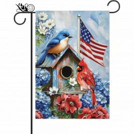 8XM7K5223W Patriotic Birdhouse Birds Garden Flag Double Sided