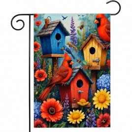 79MVK507WG Whimsical Garden Flag with Colorful Birdhouses, Cardinals & Blooming