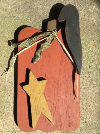 Primitive Wood Pumpkin with Mustard Star, Black Crow and Green Checkered Homespun Ribbon