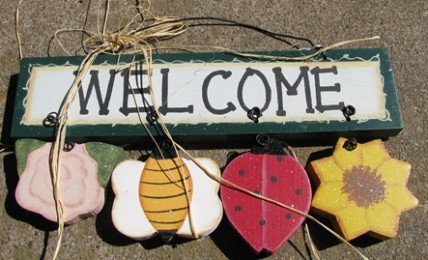 GS301 - Welcome Flower Bee ladybug sunflower wood sign   GS301 - Welcome Flower Bee ladybug sunflower wood sign
