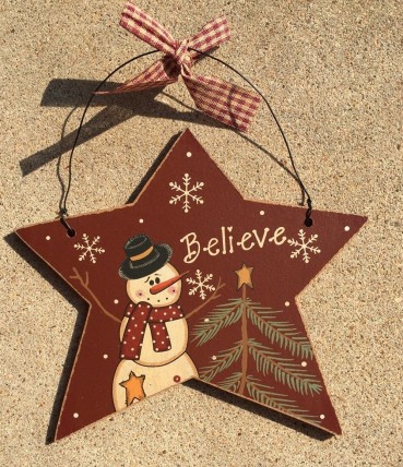Primitive Wood 74704RB - Burgundy Believe Snowman Christmas Ornament Primitive Wood 74704RB - Burgundy Believe Snowman Christmas Ornament