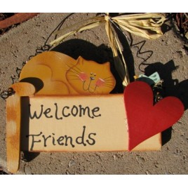 Wood Country Cat Sign WD193 - Welcome Friends Cat/Heart Wood Country Cat Sign WD193 - Welcome Friends Cat/Heart