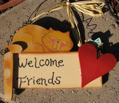 Wood Country Cat Sign WD193 - Welcome Friends Cat/Heart Wood Country Cat Sign WD193 - Welcome Friends Cat/Heart